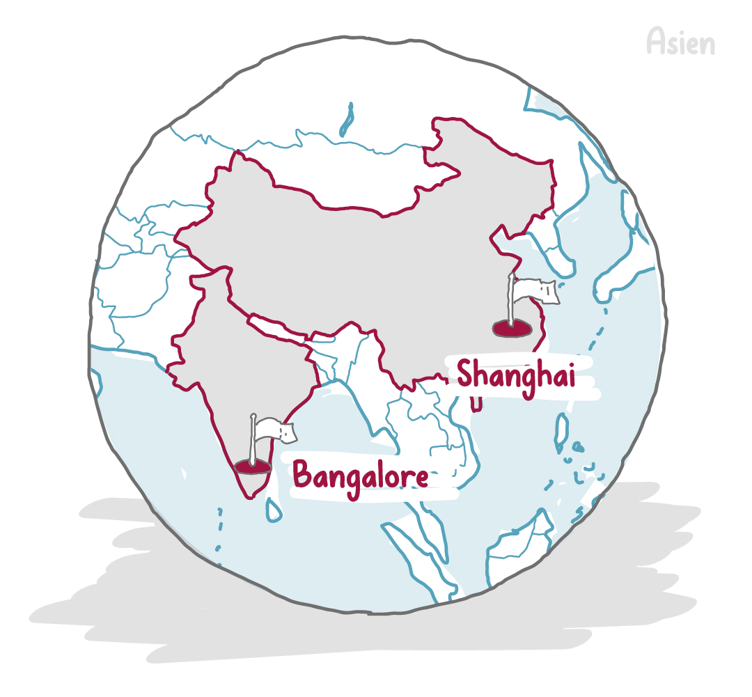 Gezeichnete Karte mit den Unternehmensstandorten in China und Indien