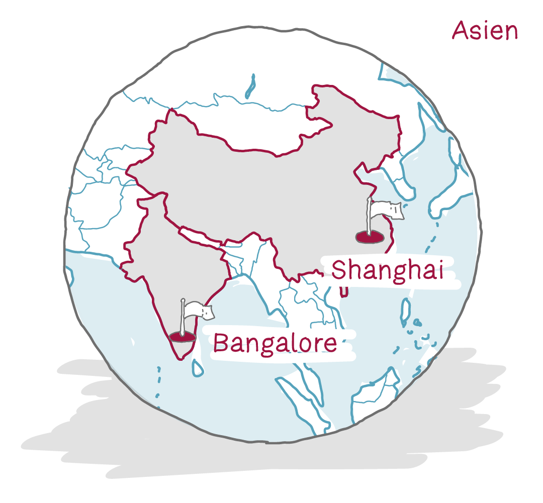 Gezeichnete Karte mit den Unternehmensstandorten in China und Indien