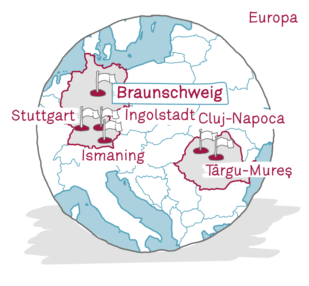 Gezeichnete Karte mit den Unternehmensstandorten in Deutschland und Rumänien