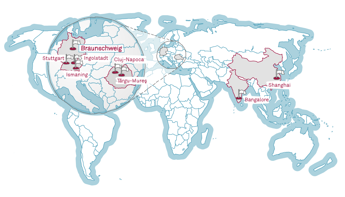 Gezeichnete Weltkarte mit den eingezeichneten Unternehmensstandorten in Deutschland, Rumänien, China und Indien
